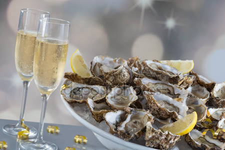Fresh oysters with glass of champaigne